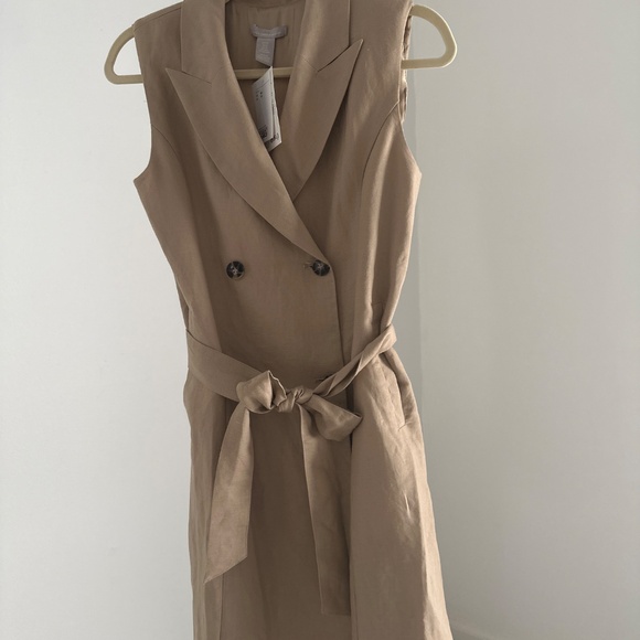 Linen Blend Tan Sleeveless Double-Breasted Trench Dress NWT - Picture 2 of 6